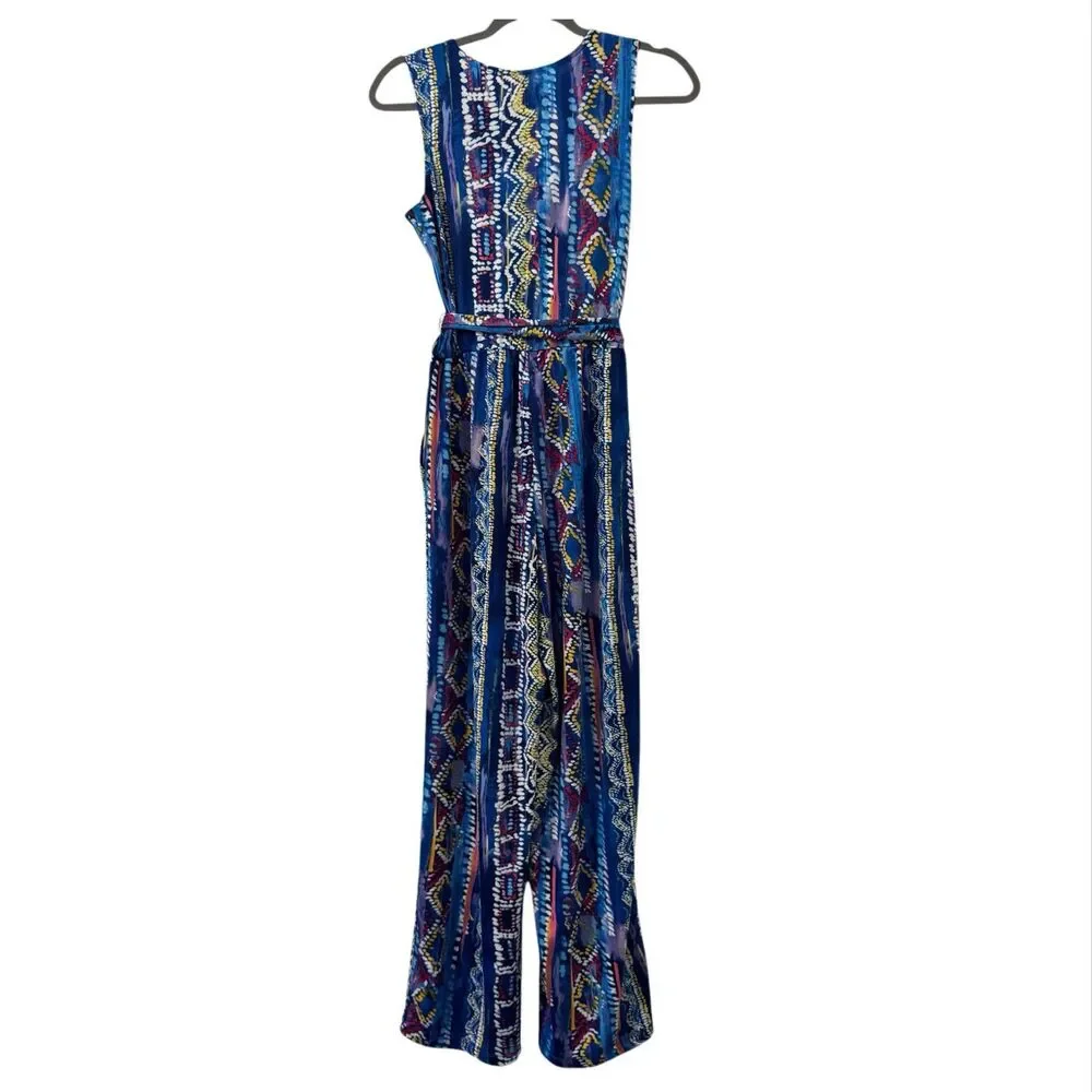 NY Collection Womens Sleeveless Printed Surplice Jumpsuit Petite Small Blue NWT - Picture 3 of 7